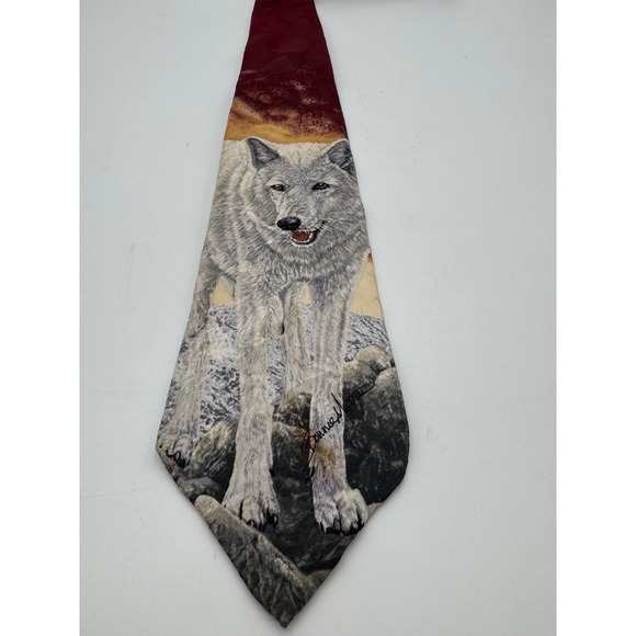Endangered Species Other - Endangered Species Arctic Wolf Silk Tie Bonnie Marris Vintage 1996 Burgundy Gray